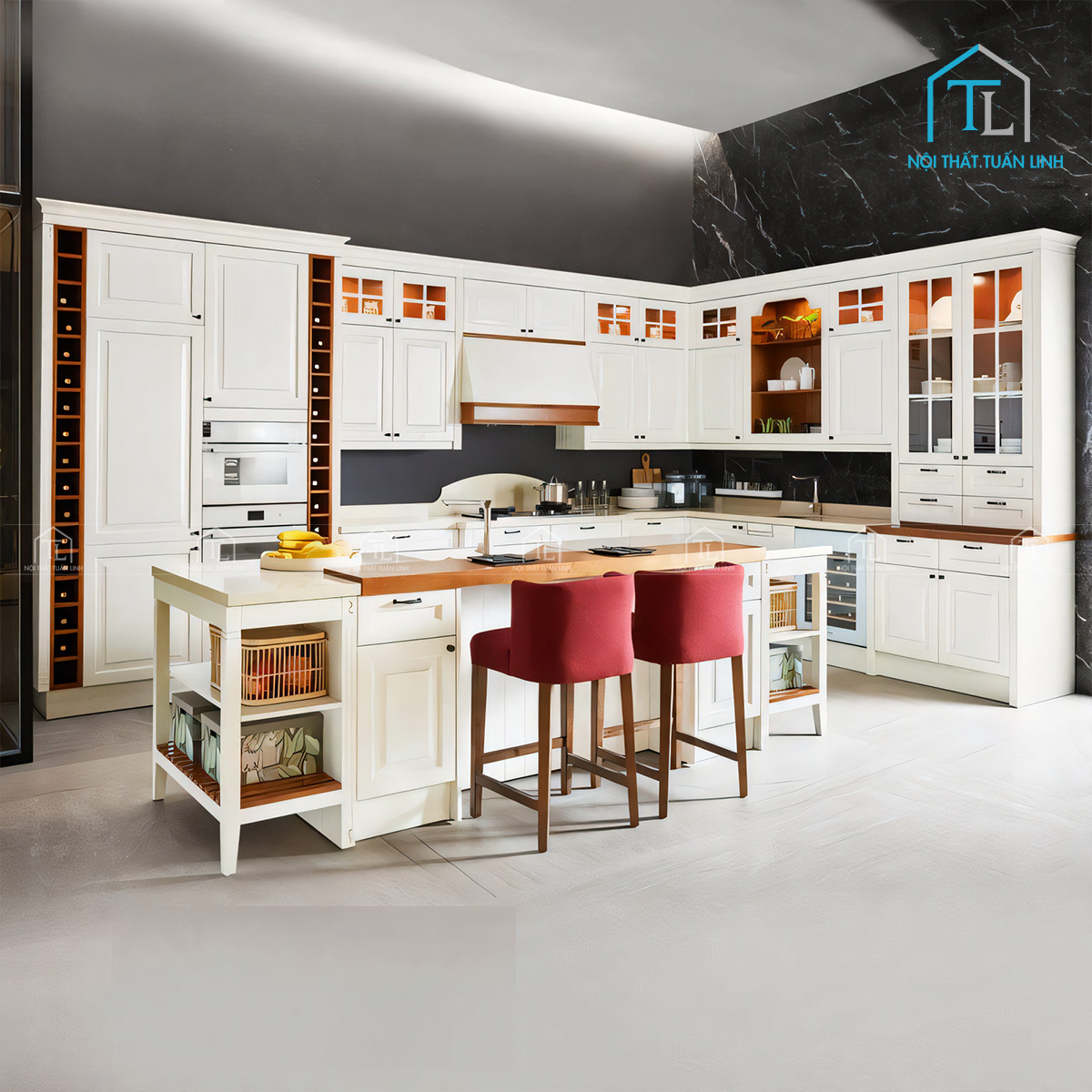 Tủ bếp gỗ công nghiệp phong cách châu Âu màu trắng cao cấp thiết kế sang trọng