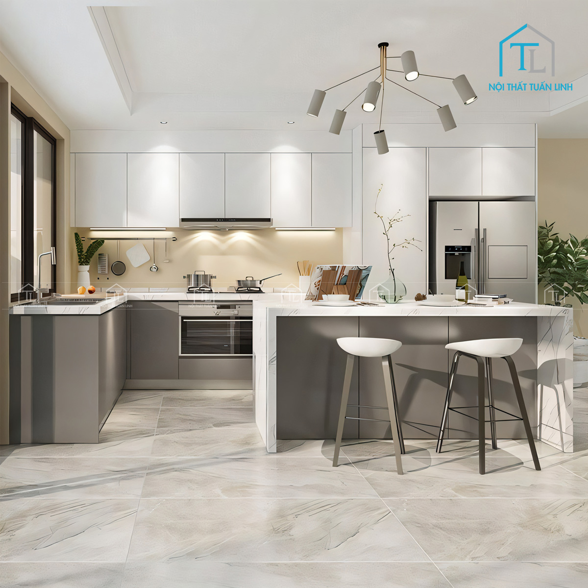 Tủ bếp MDF hiện đại màu trắng