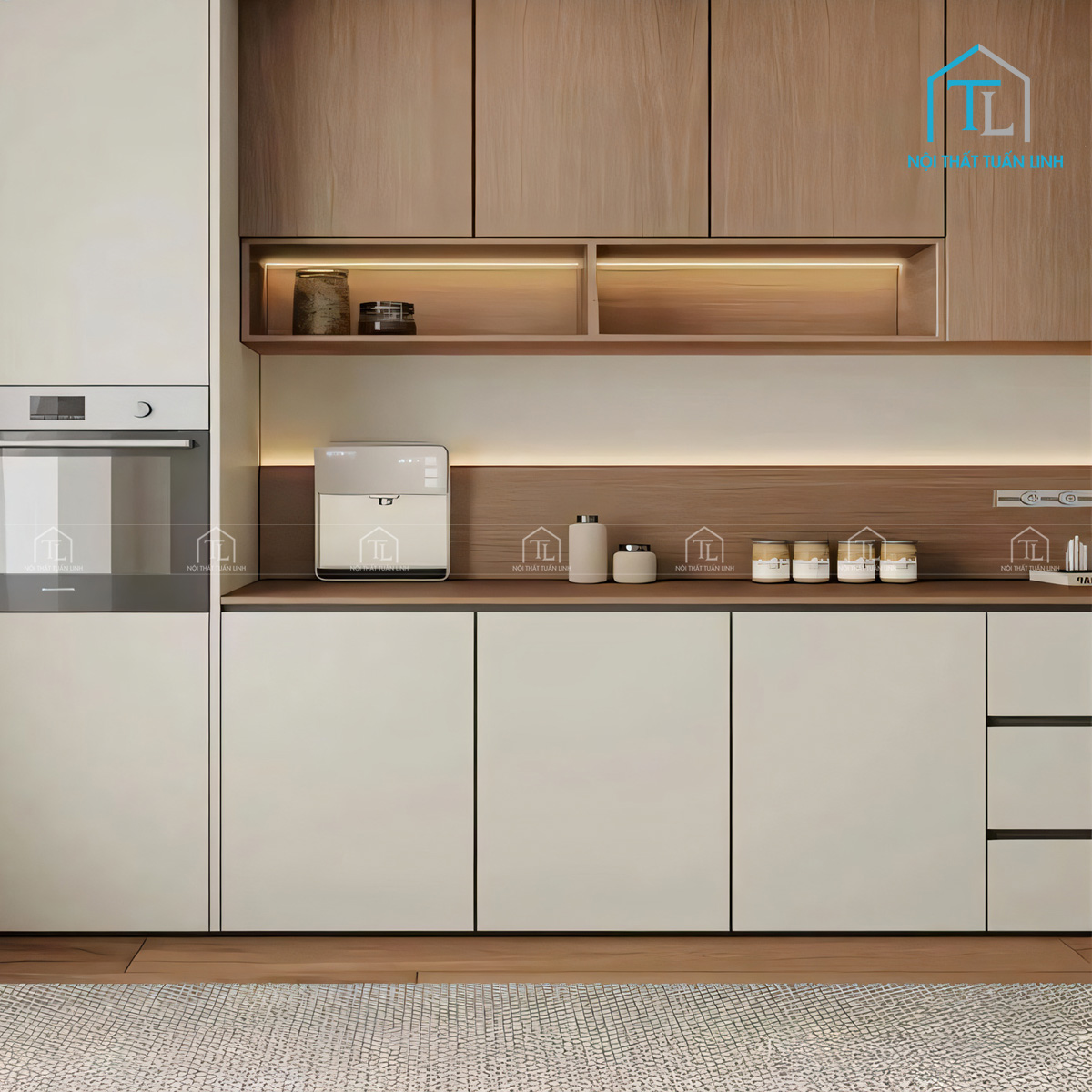 Tủ bếp gỗ công nghiệp MDF hiện đại phối vân gỗ