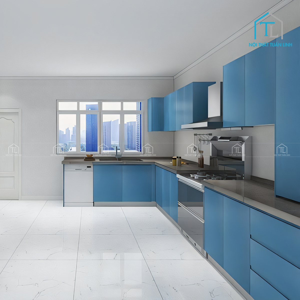 Tủ bếp Acrylic xanh dương bóng gương thiết kế hiện đại