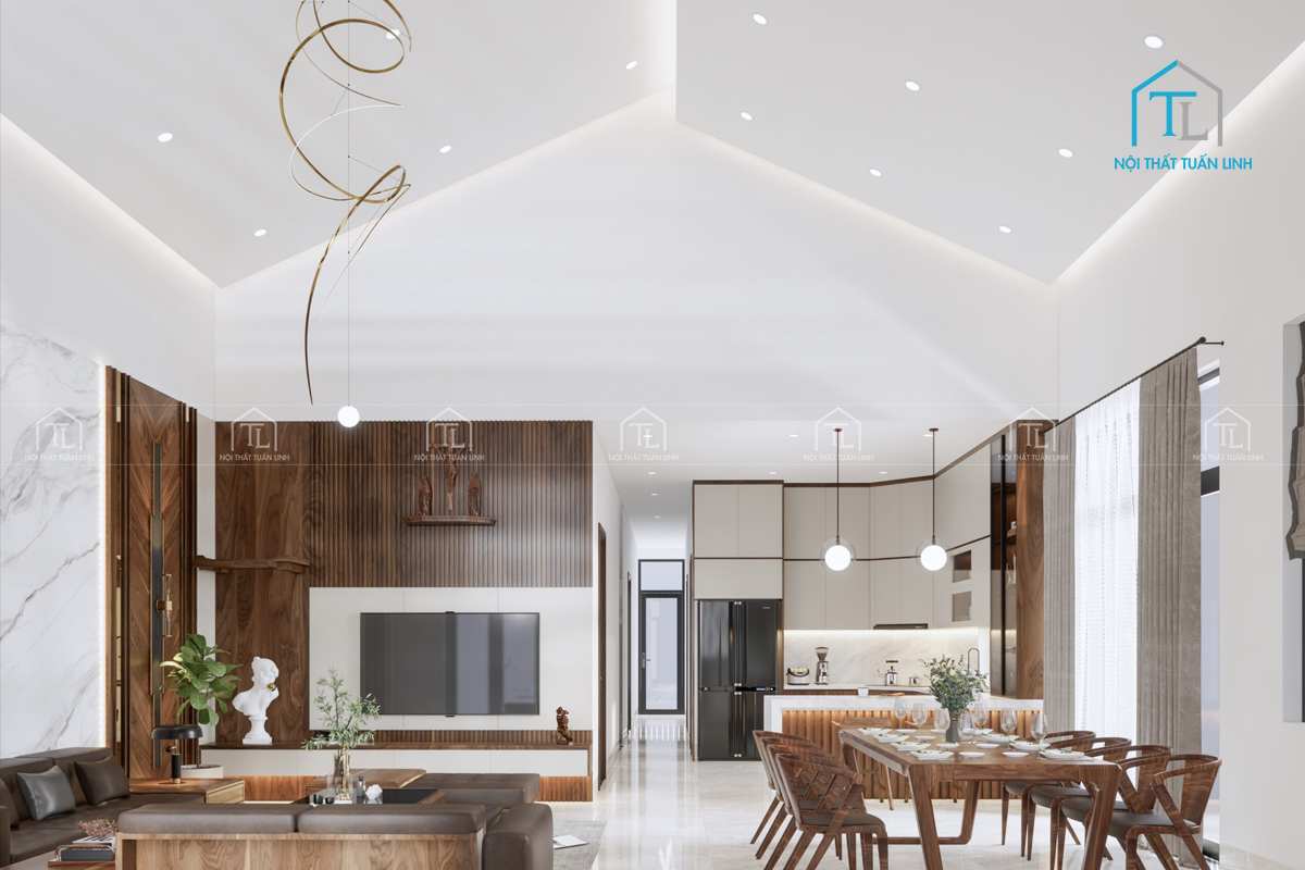 Thiết kế nội thất phòng khách liền kề không gian phòng ăn căn hộ
