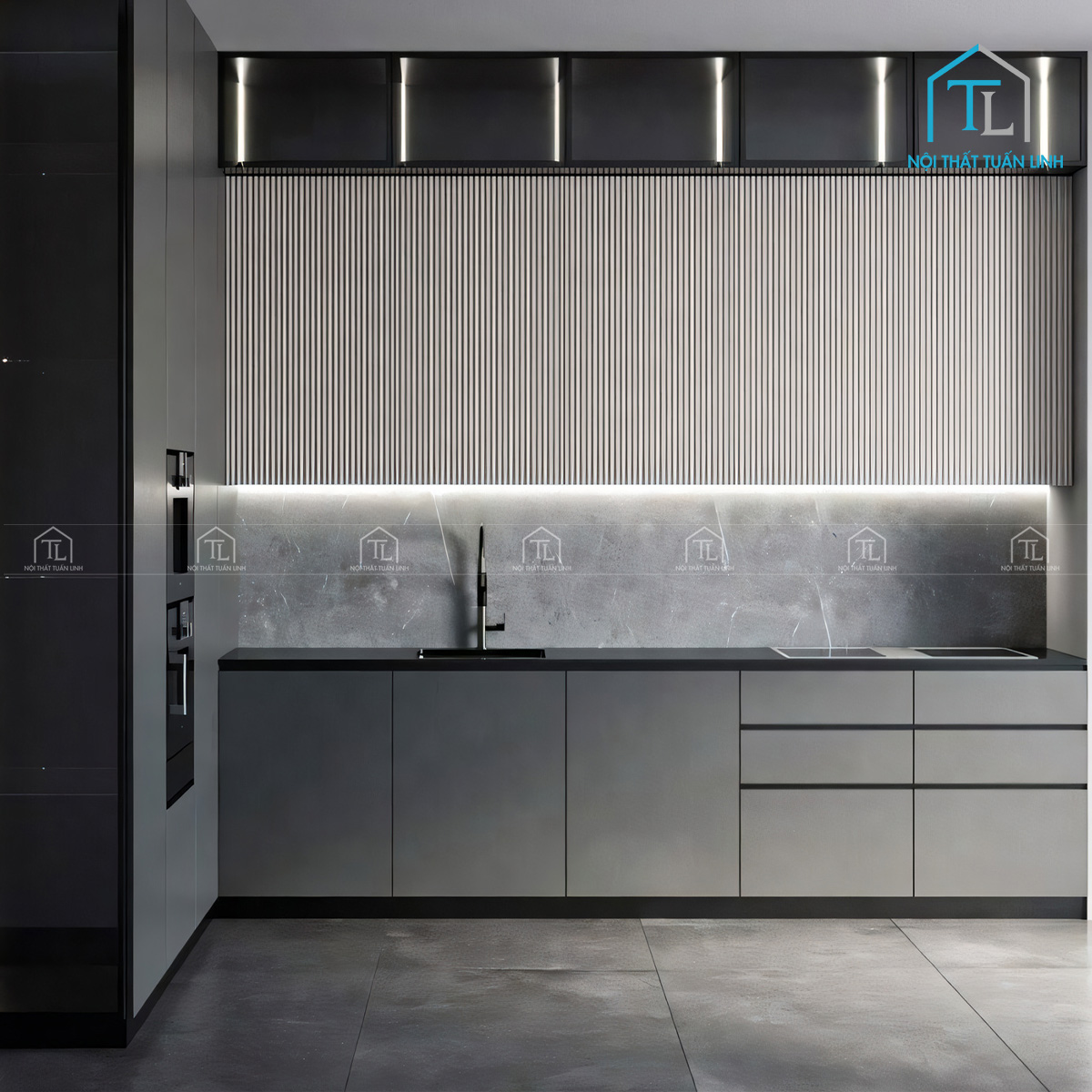 Tủ bếp MDF màu xám cao cấp hiện đại