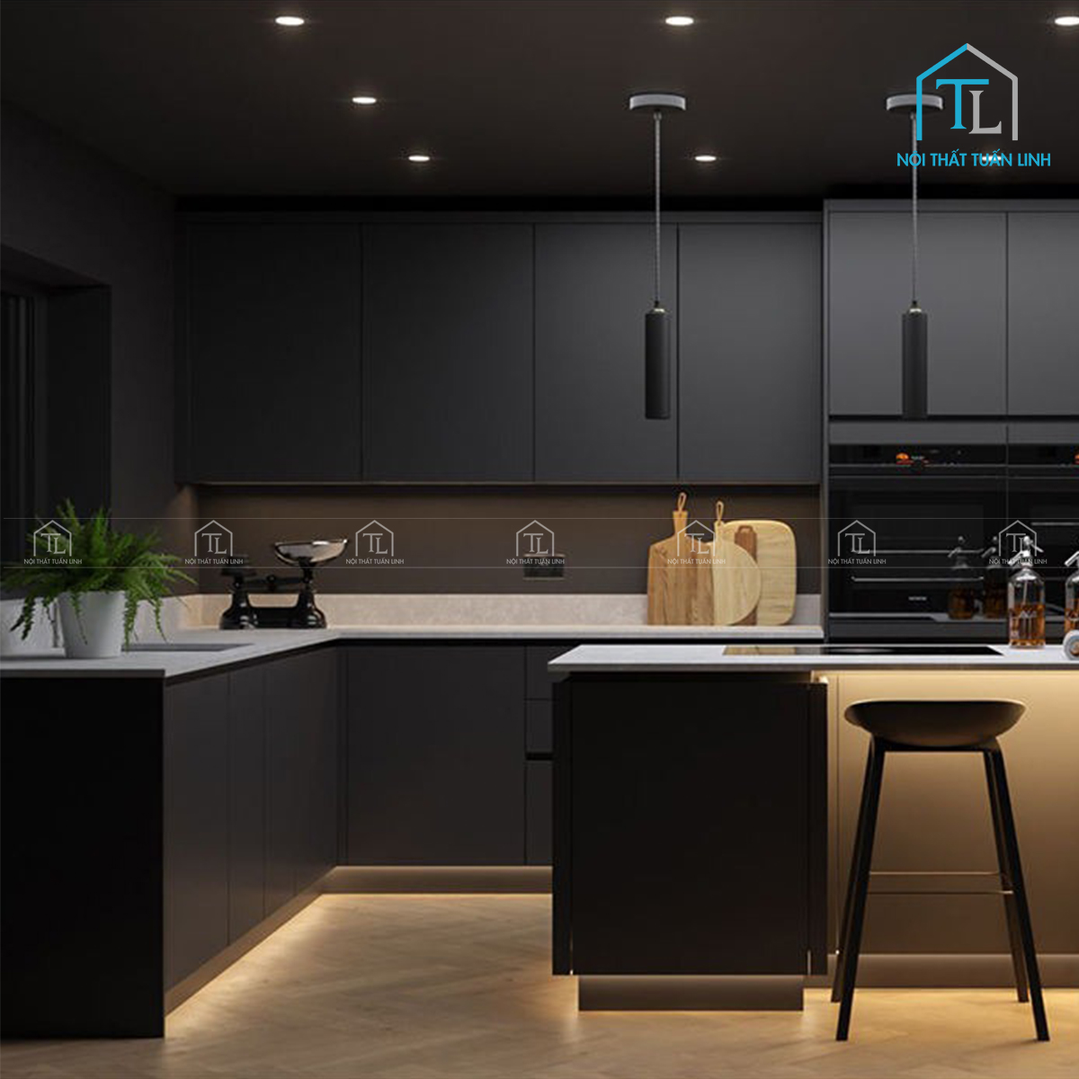 Tủ bếp MDF màu đen cao cấp phong cách hiện đại