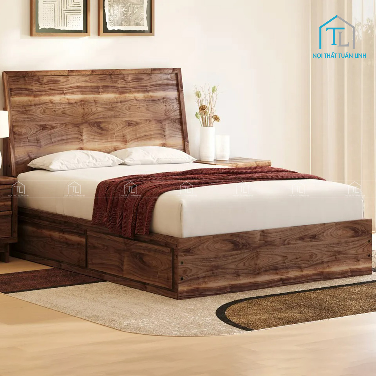 Giường ngủ gỗ công nghiệp phong cách hiện đại tích hợp ngăn kéo lưu trữ