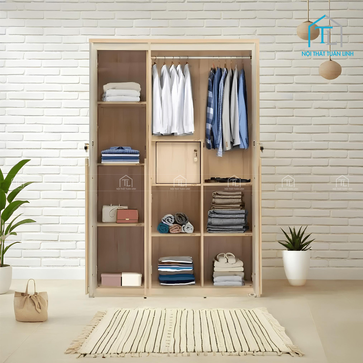 Tủ quần áo 3 cánh gỗ MDF phủ melamine thiết kế tiện lợi