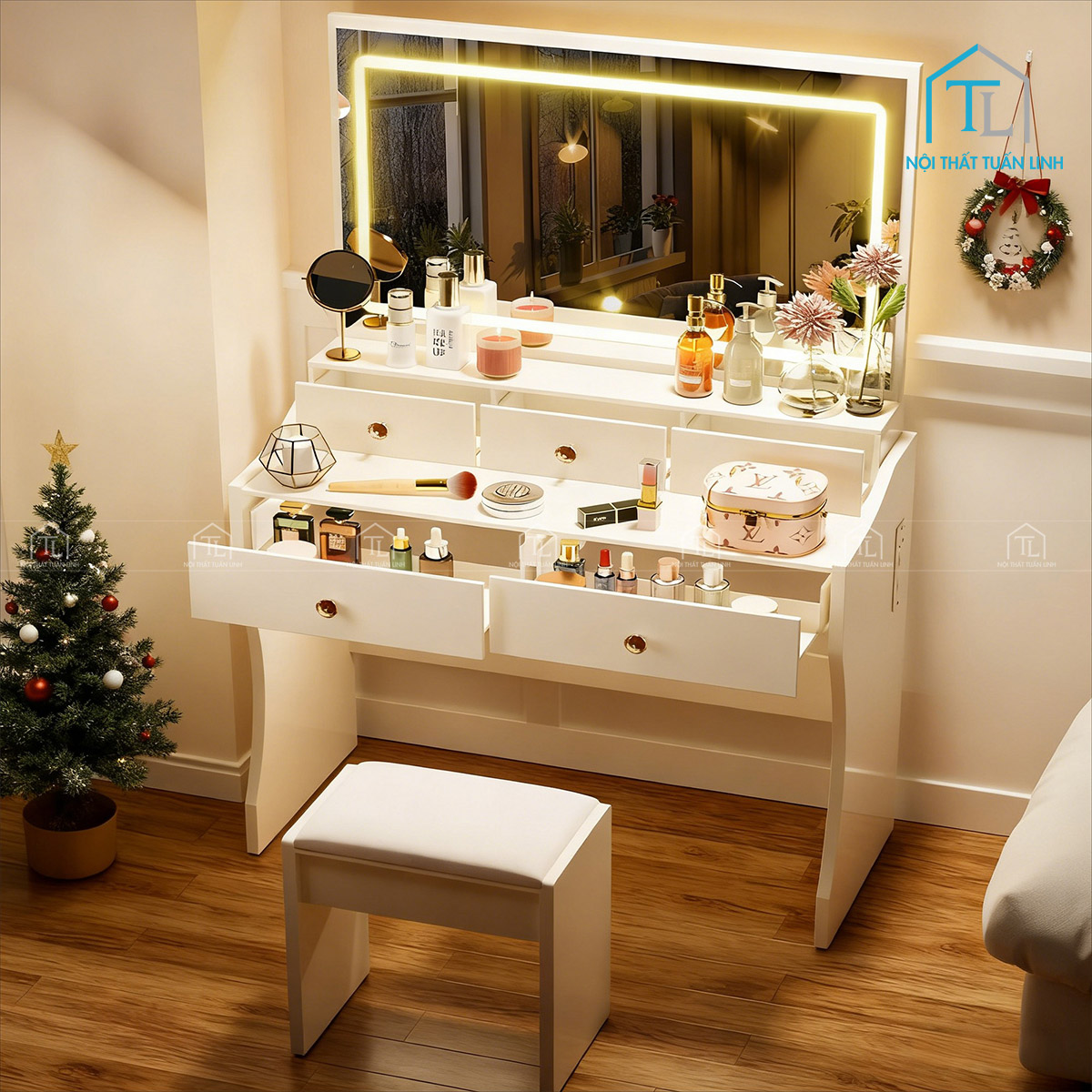 Bàn trang điểm gỗ công nghiệp hiện đại thiết kế đa năng