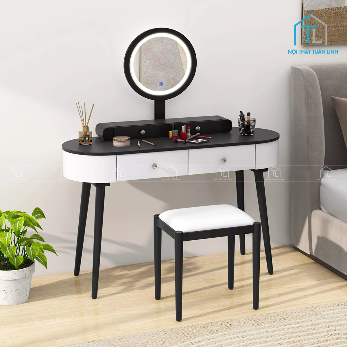 Bàn trang điểm gỗ MDF gương trượt LED thiết kế hiện đại nhiều ngăn