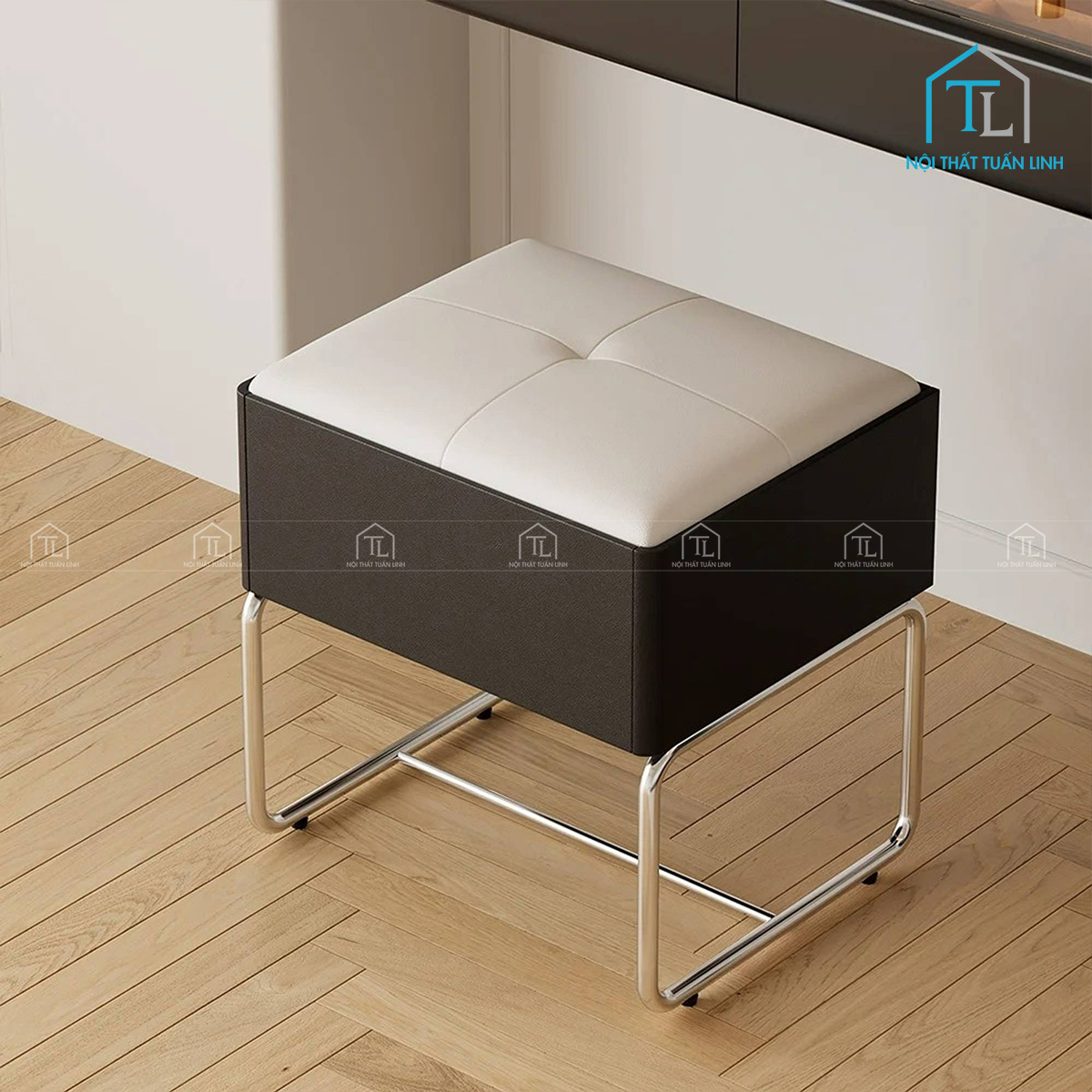 Bàn trang điểm gỗ công nghiệp màu đen kèm gương đứng và ghế ngồi