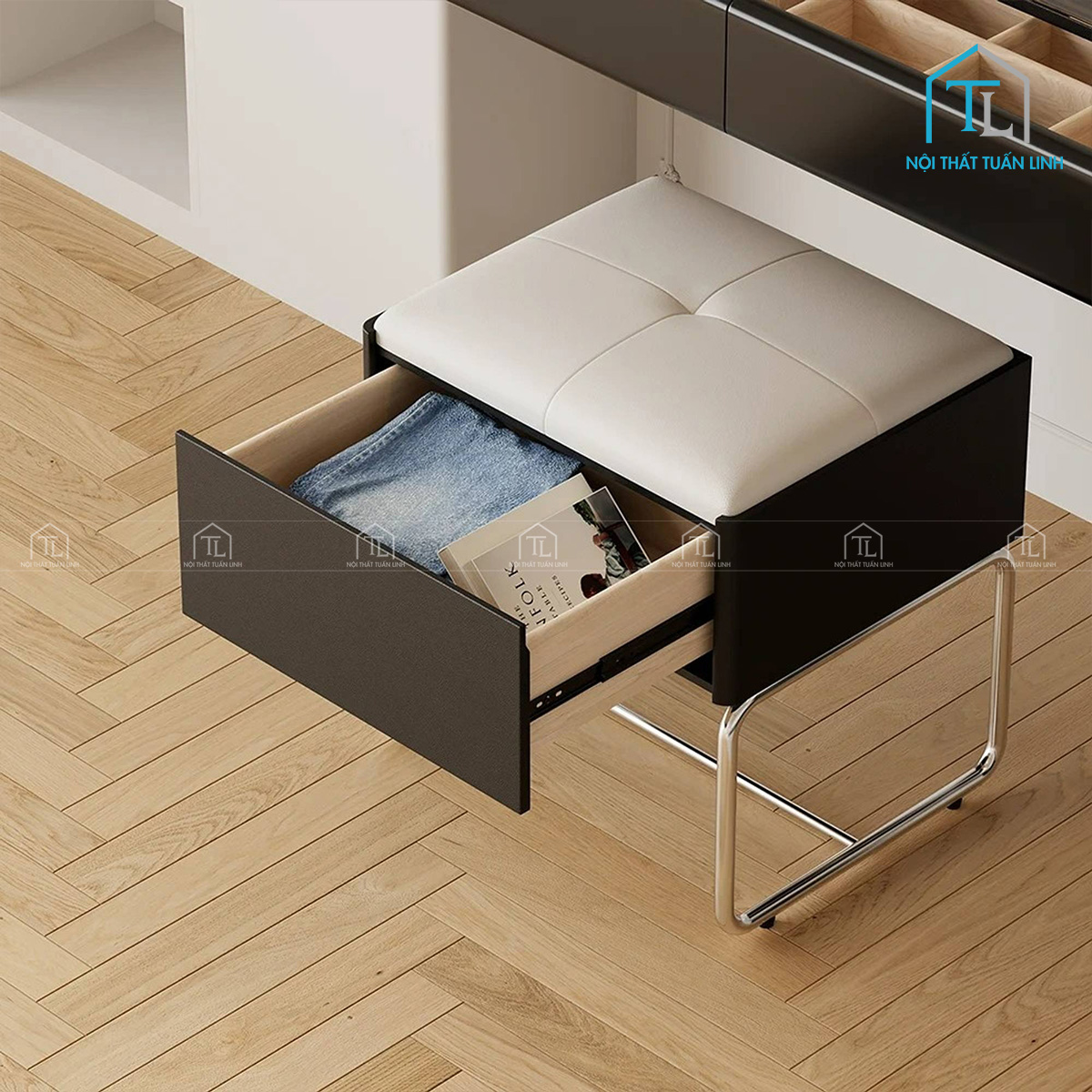 Bàn trang điểm gỗ công nghiệp màu đen kèm gương đứng và ghế ngồi
