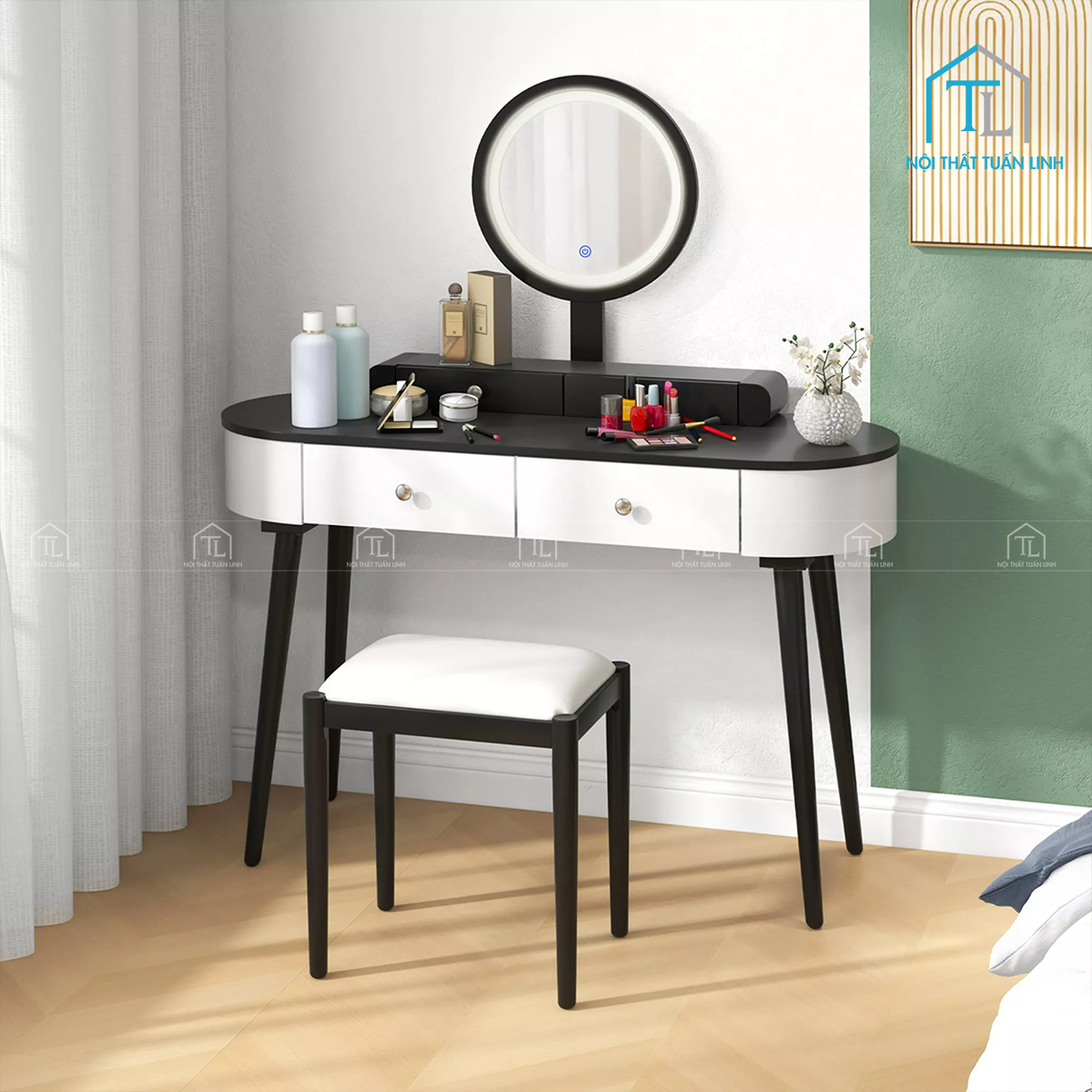 Bàn trang điểm gỗ MDF gương trượt LED thiết kế hiện đại nhiều ngăn