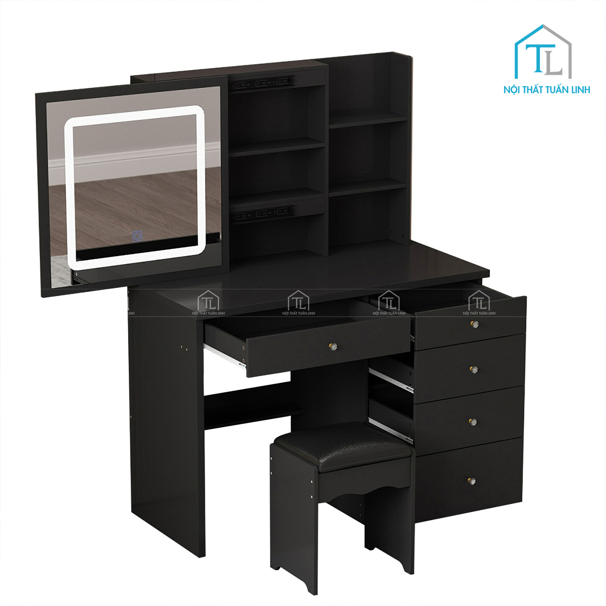Bàn trang điểm gỗ MDF gương trượt LED thiết kế hiện đại nhiều ngăn