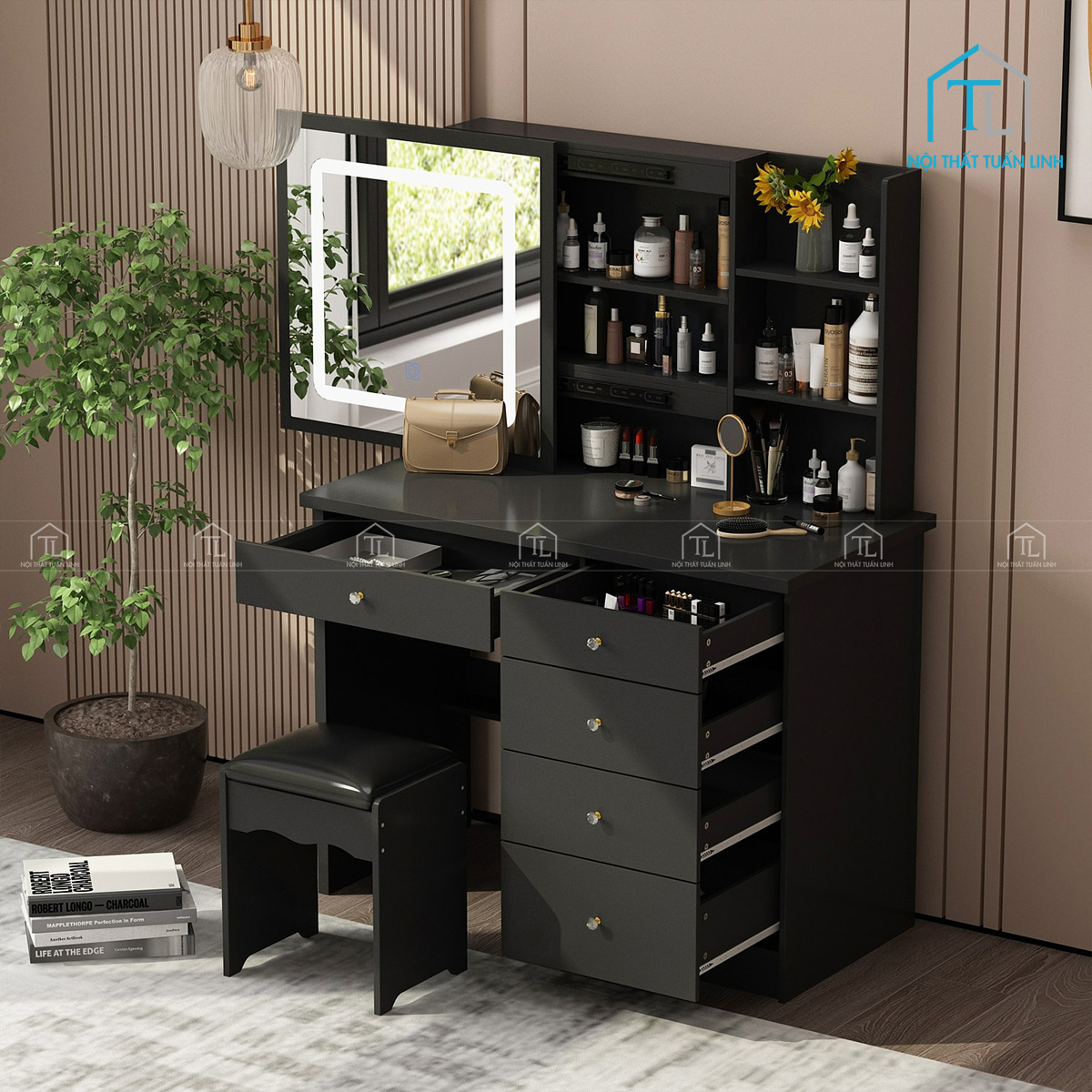 Bàn trang điểm gỗ MDF gương trượt LED thiết kế hiện đại nhiều ngăn