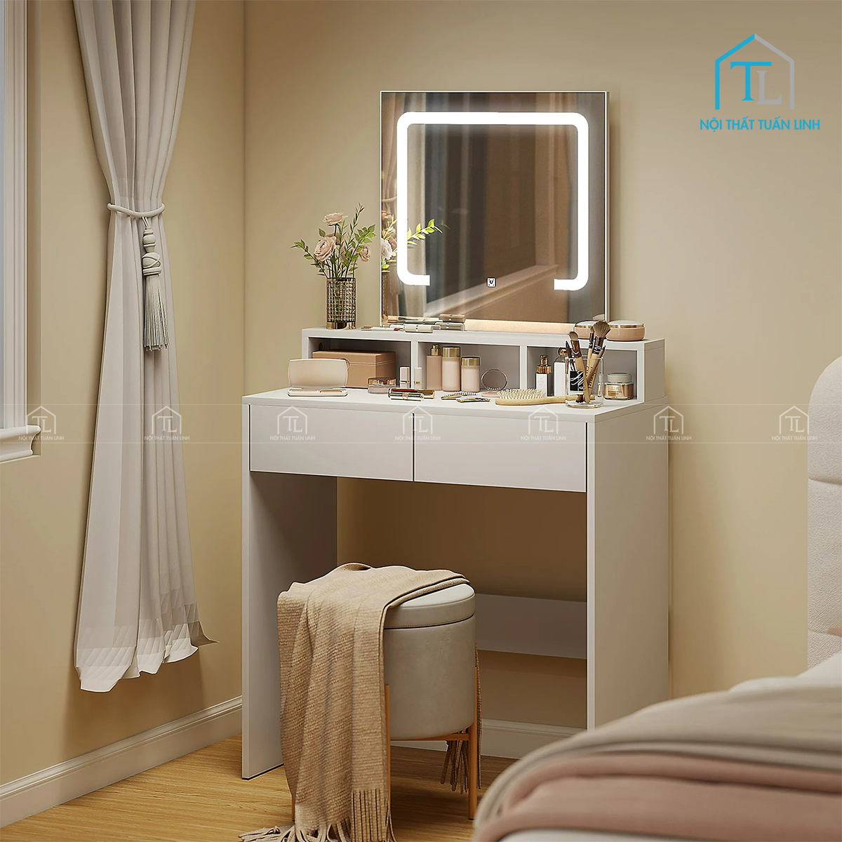 Bàn trang điểm gỗ MDF trắng gương LED đa ngăn thiết kế gọn gàng