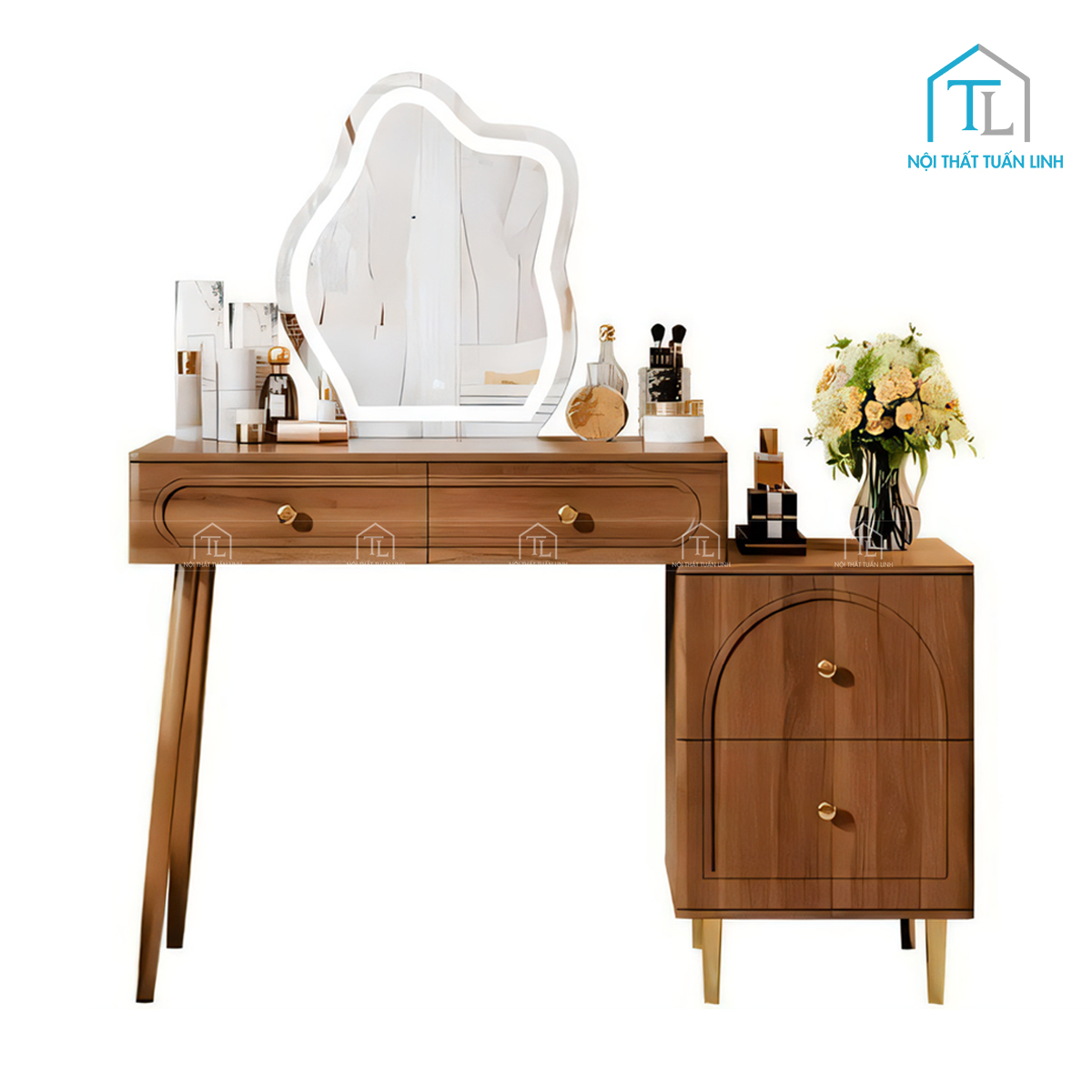 Bàn trang điểm gỗ MDF vân óc chó hiện đại tích hợp gương LED và ngăn kéo tiện ích