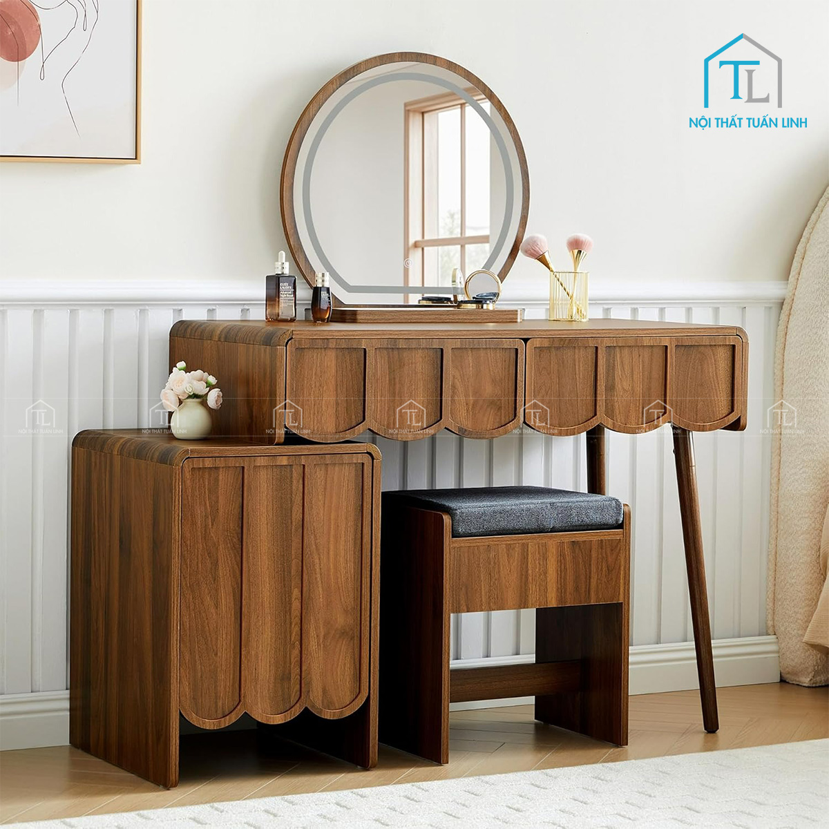 Bàn trang điểm gỗ MDF vân óc chó thiết kế sóng hiện đại