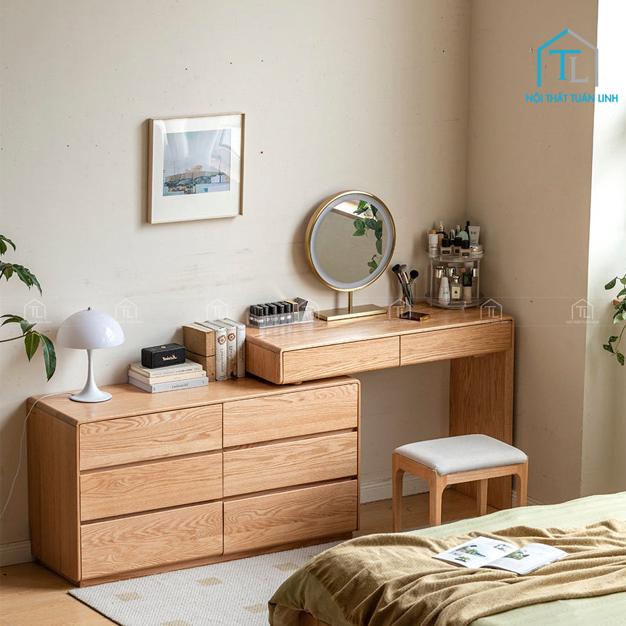 Bàn trang điểm gỗ sồi kèm tủ đồ mau nâu gỗ hiện đại