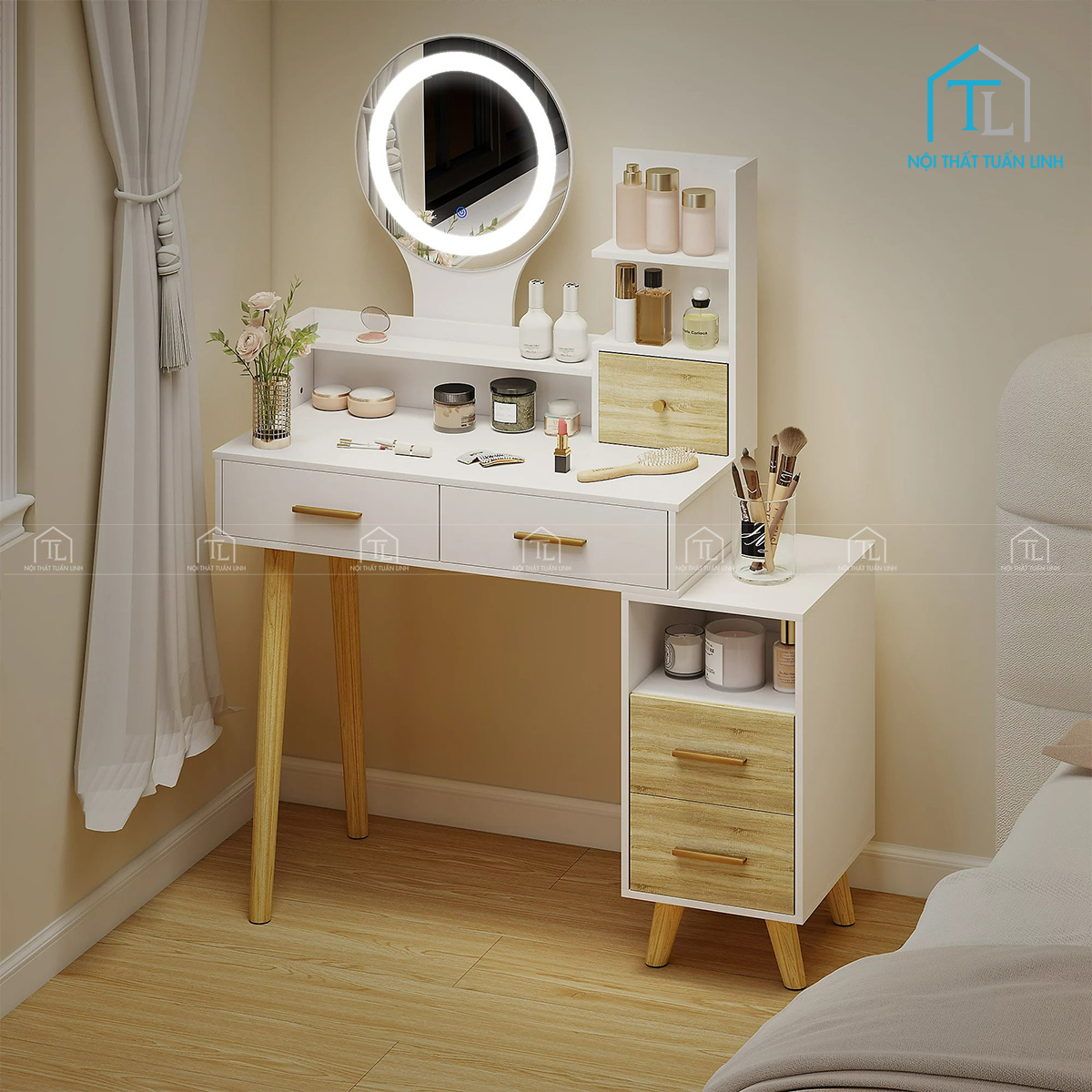 Bàn trang điểm gương LED phong cách hiện đại màu trắng