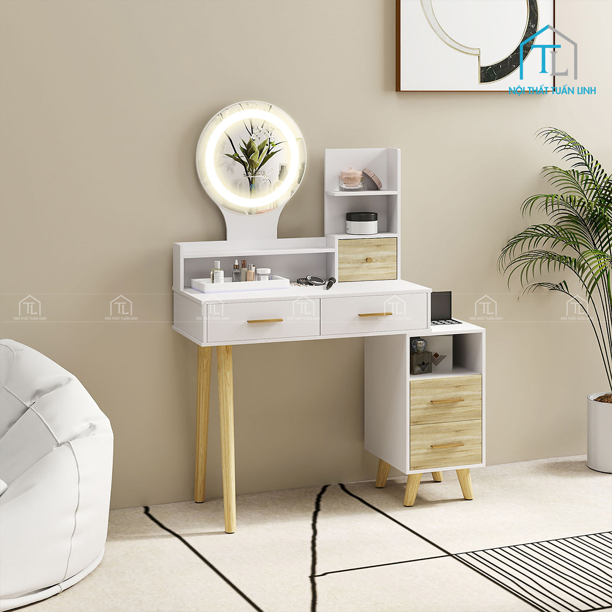 Bàn trang điểm gương LED phong cách hiện đại màu trắng