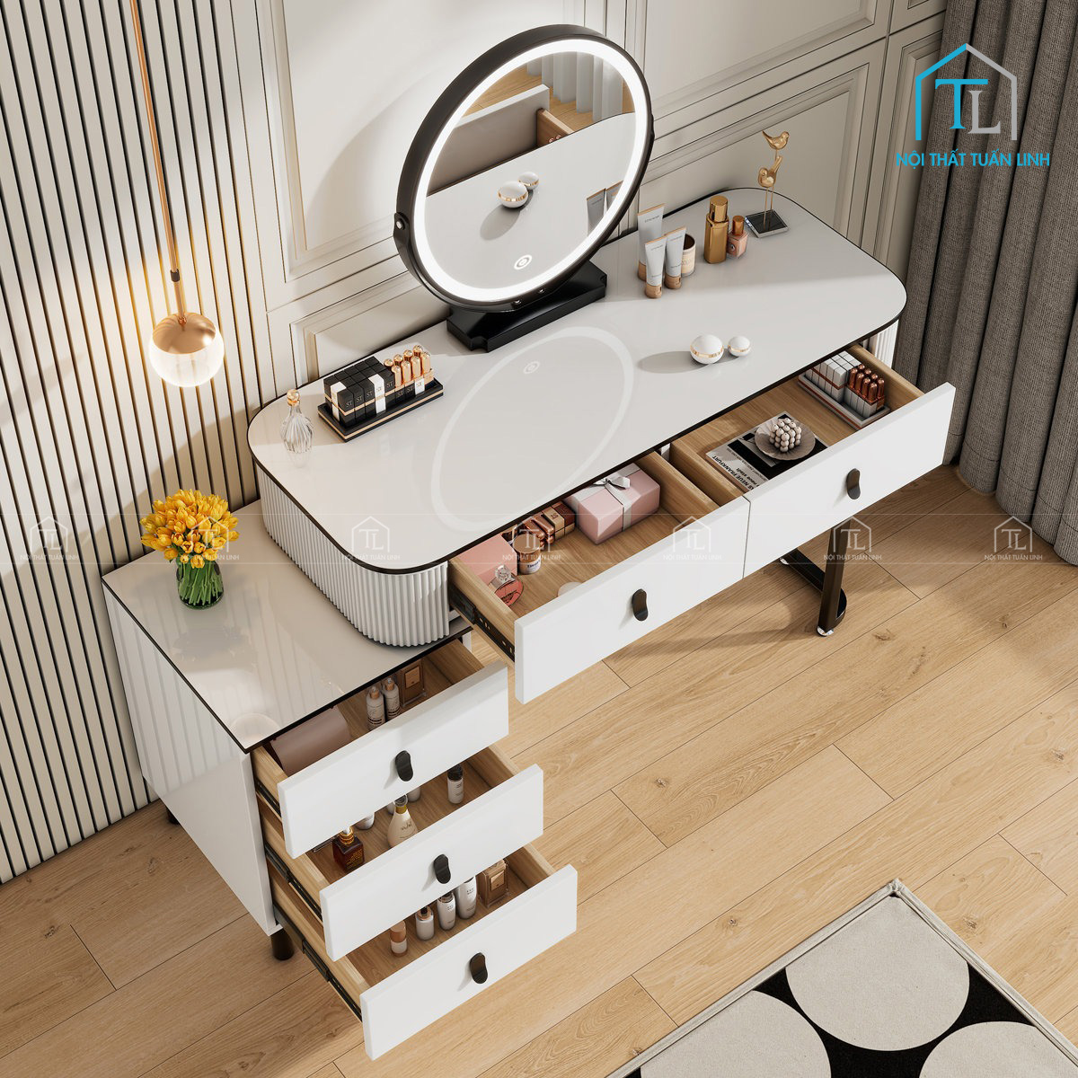 Bàn trang điểm hiện đại tích hợp gương LED xoay và tủ phụ tiện nghi