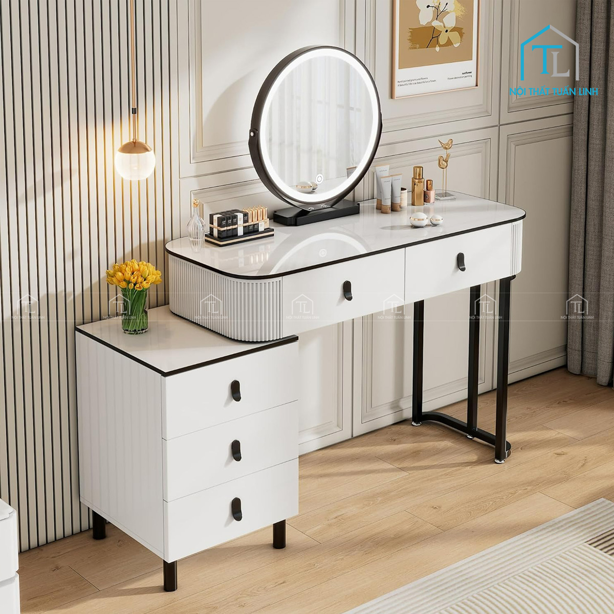 Bàn trang điểm hiện đại tích hợp gương LED xoay và tủ phụ tiện nghi