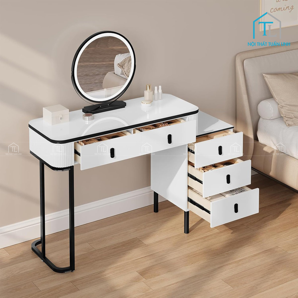 Bàn trang điểm hiện đại tích hợp gương LED xoay và tủ phụ tiện nghi