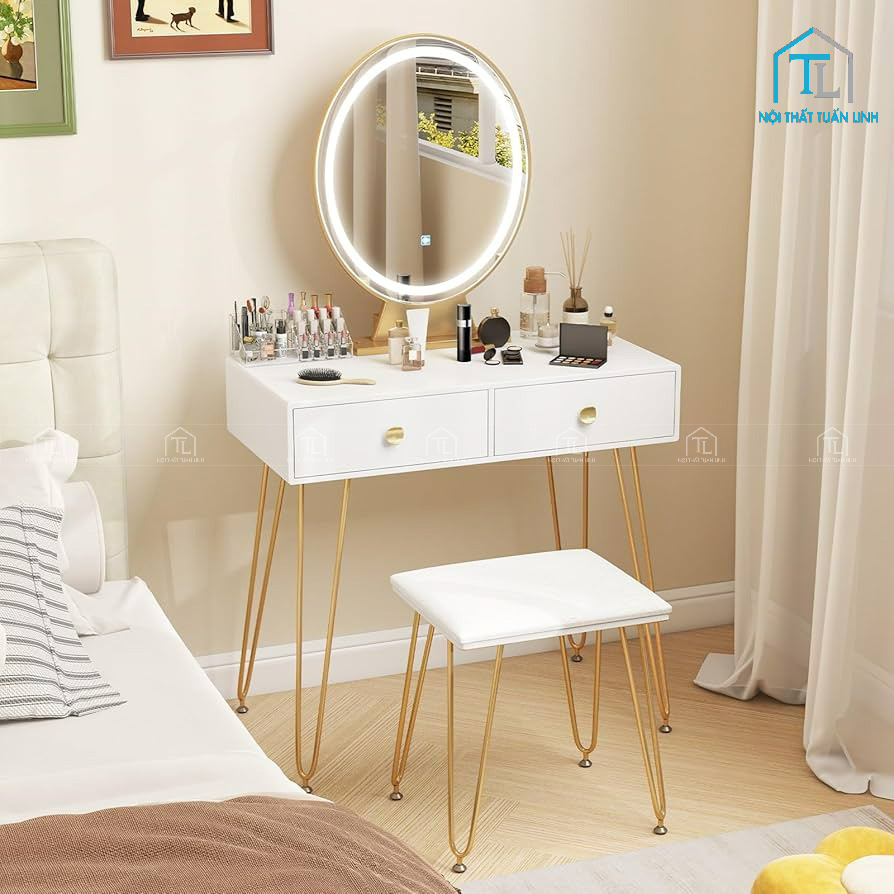 Bàn trang điểm màu trắng gỗ công nghiệp có đèn LED