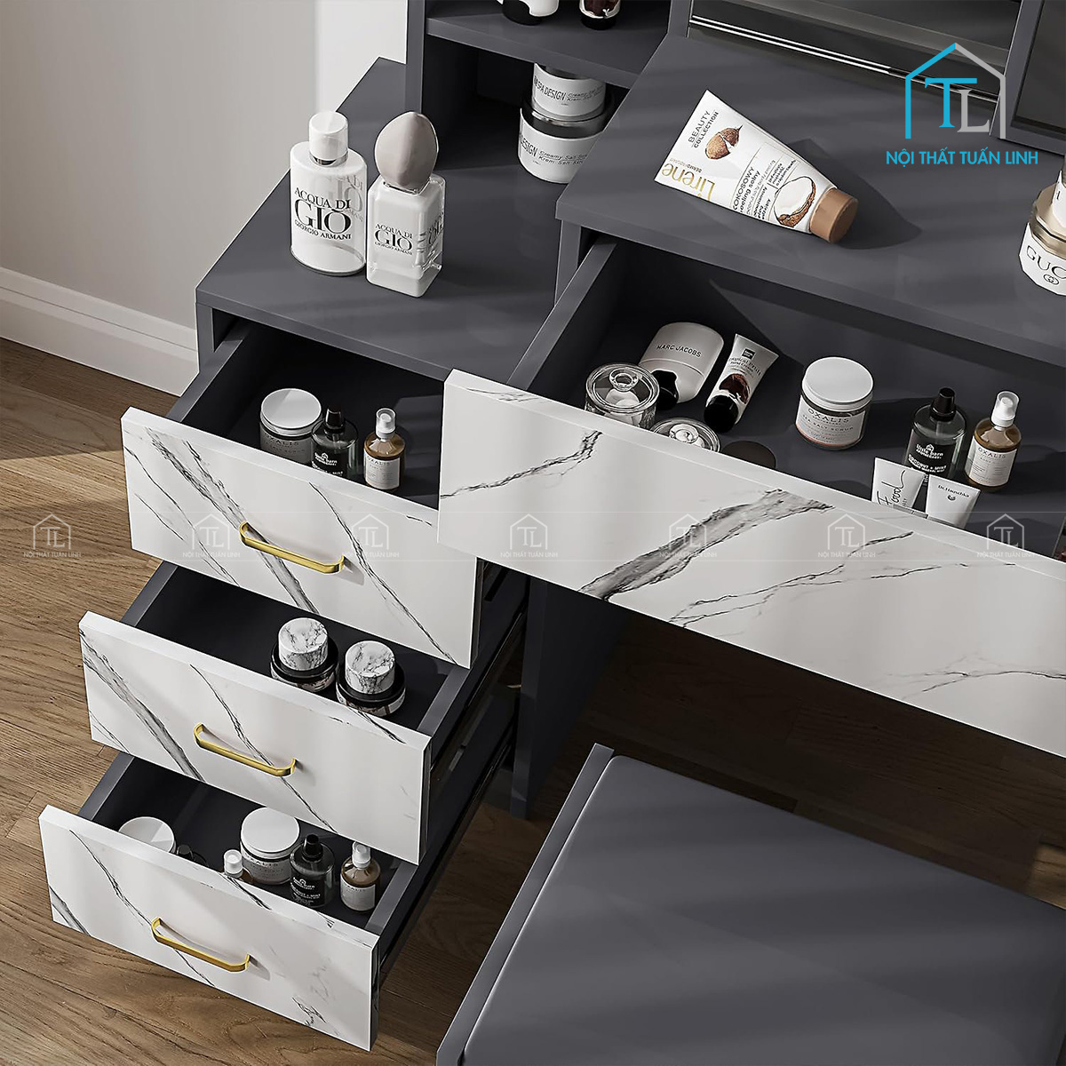 Bàn trang điểm MDF có đèn LED thiết kế gương trượt