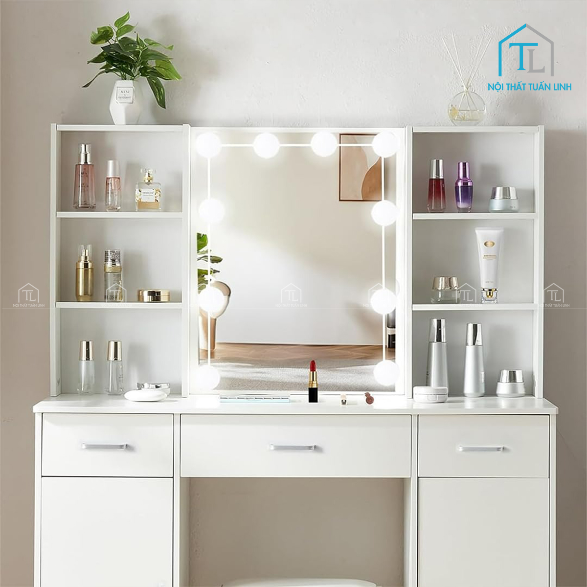 Bàn trang điểm MDF hiện đại tích hợp gương LED và ghế ngồi