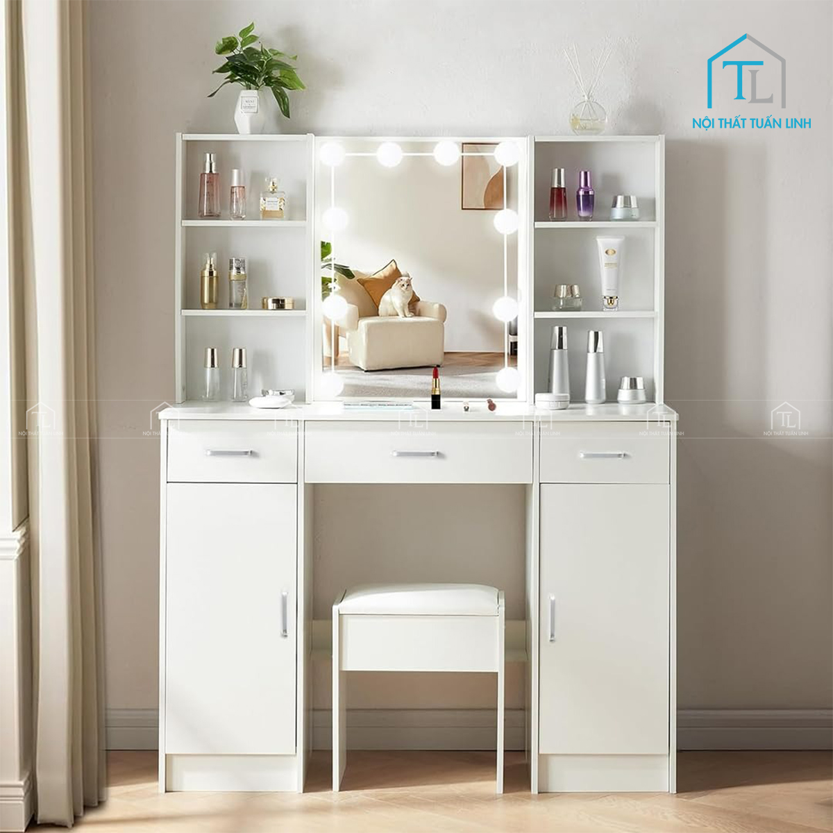 Bàn trang điểm MDF hiện đại tích hợp gương LED và ghế ngồi