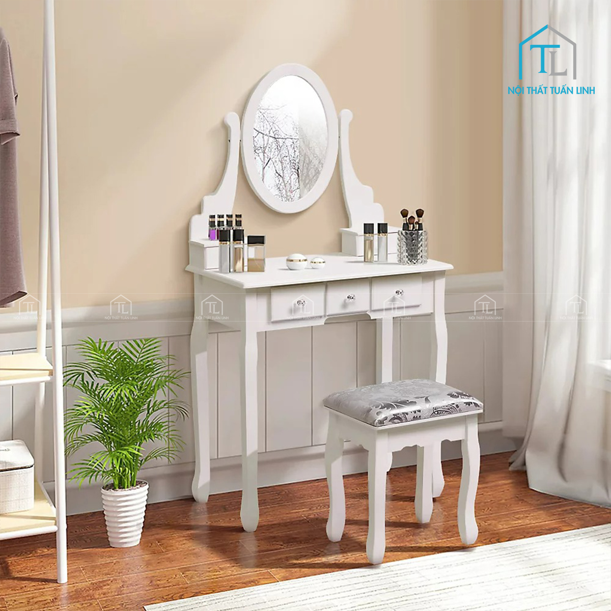 Bàn trang điểm MDF màu trắng 5 ngăn kéo kèm ghế bọc nệm