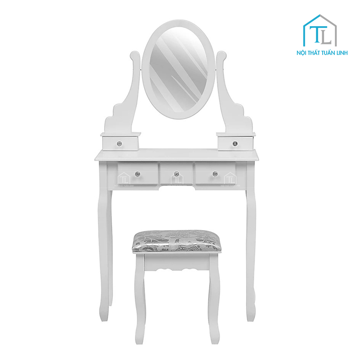 Bàn trang điểm MDF màu trắng 5 ngăn kéo kèm ghế bọc nệm