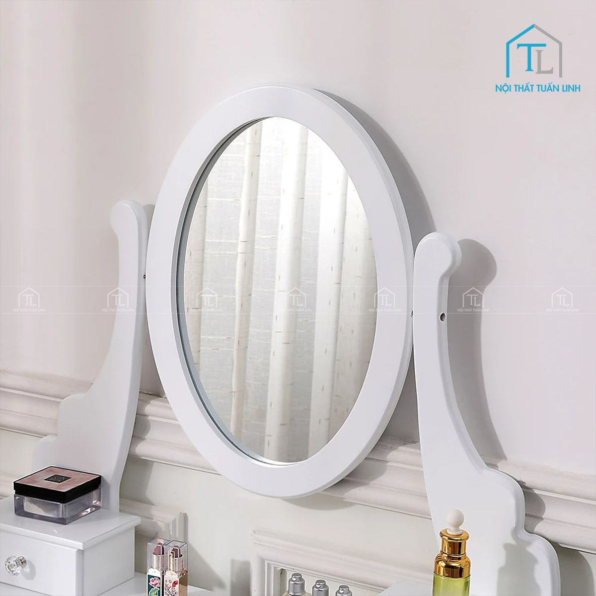 Bàn trang điểm MDF màu trắng 5 ngăn kéo kèm ghế bọc nệm