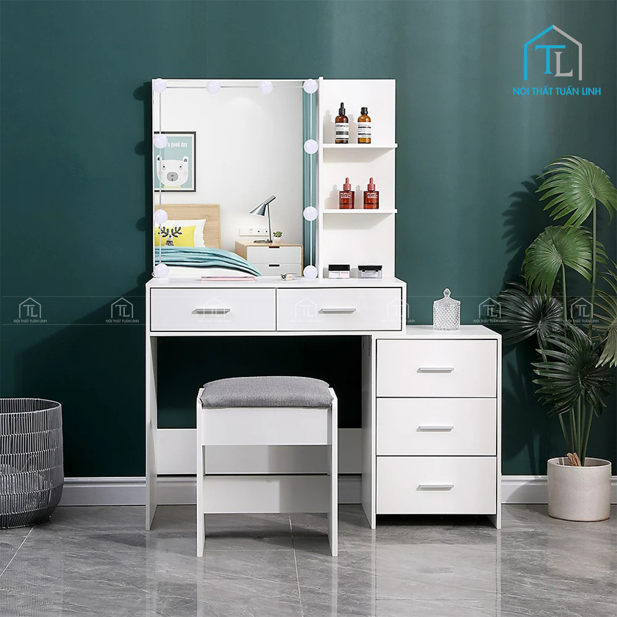 Bàn trang điểm MDF màu trắng gương lớn đèn LED