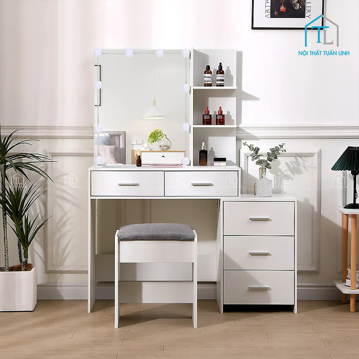 Bàn trang điểm MDF màu trắng gương lớn đèn LED