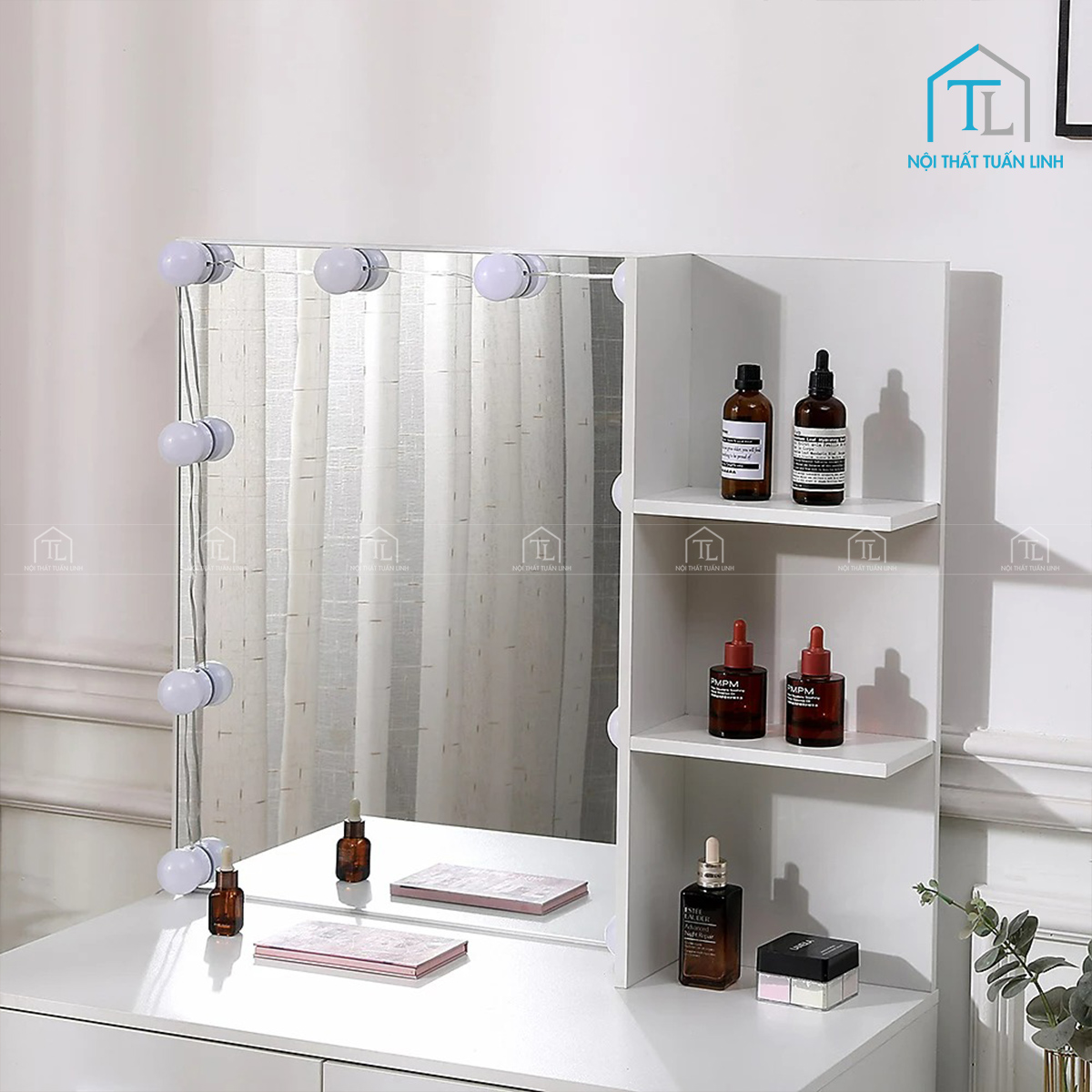 Bàn trang điểm MDF màu trắng gương lớn đèn LED