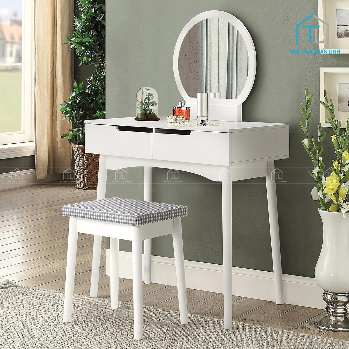 Bàn trang điểm MDF phong cách tân cổ điển kèm ghế ngồi màu trắng