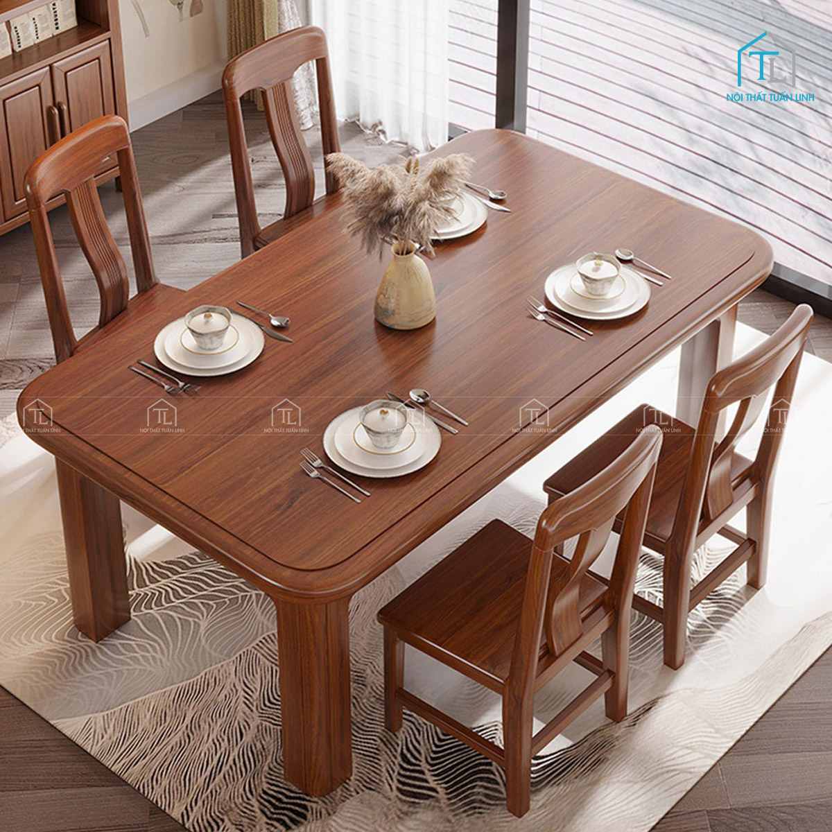 Bộ bàn ăn bằng gỗ màu nâu hiện đại, sang trọng và tinh tế