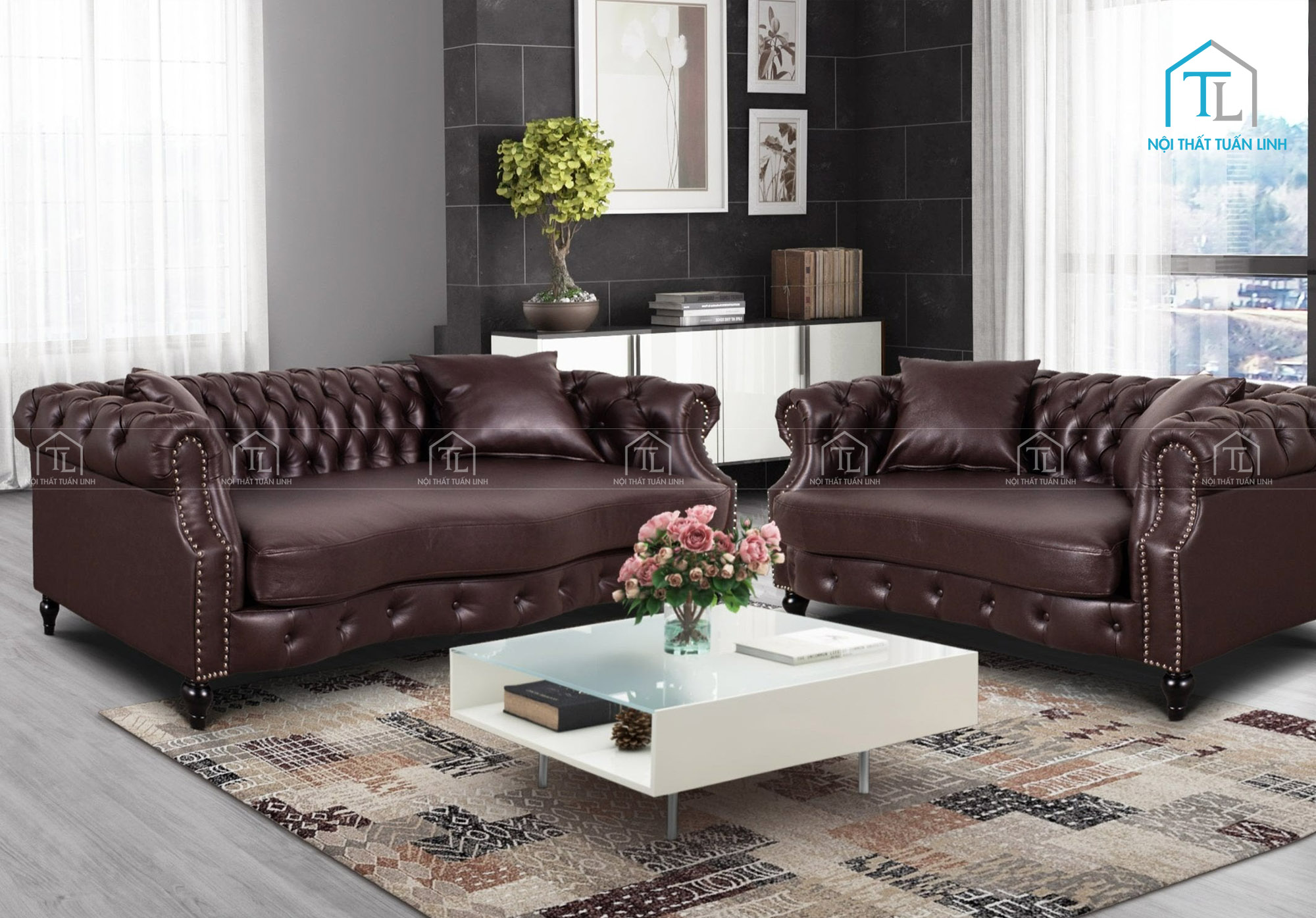 Bộ bàn ghế sofa màu nâu hiện đại