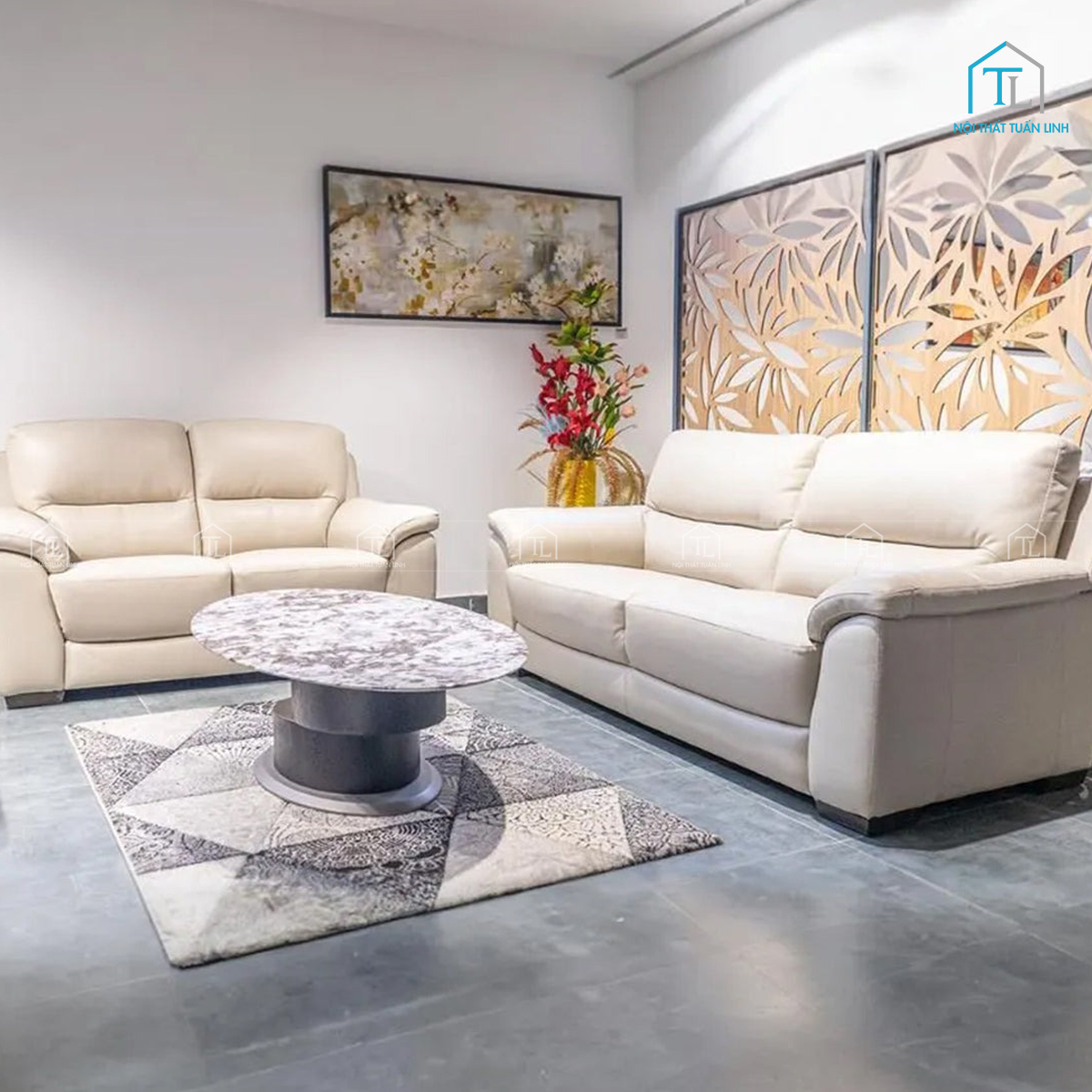 Bộ bàn ghế sofa da màu trắng phong cách hiện đại