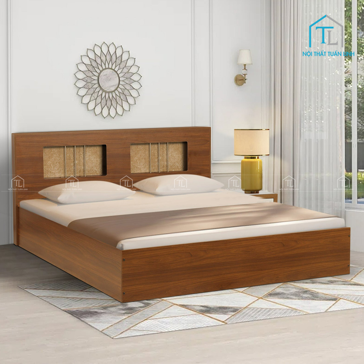 Giường đôi gỗ công nghiệp vân gỗ hiện đại