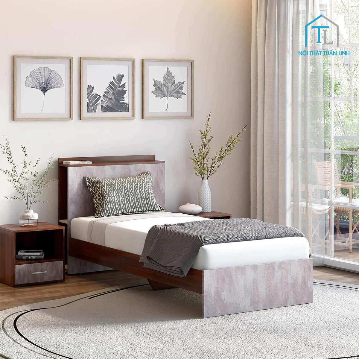 Giường ngủ đơn gỗ công nghiệp đầu giường ốp vân hiện đại