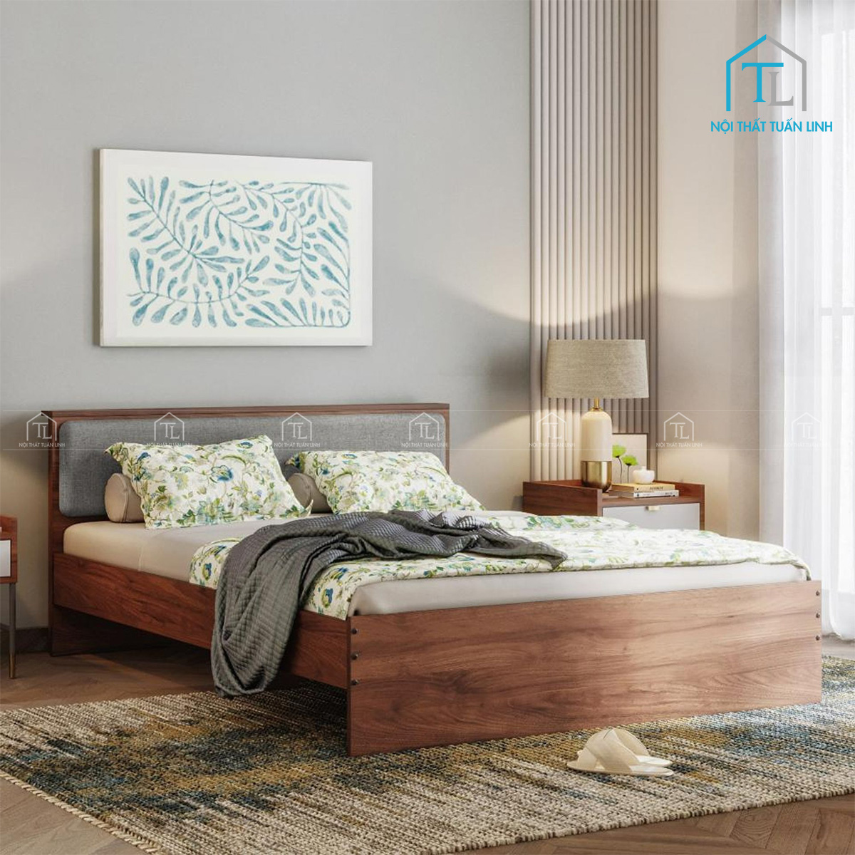 Giường ngủ gỗ công nghiệp bọc nệm đầu giường phong cách hiện đại