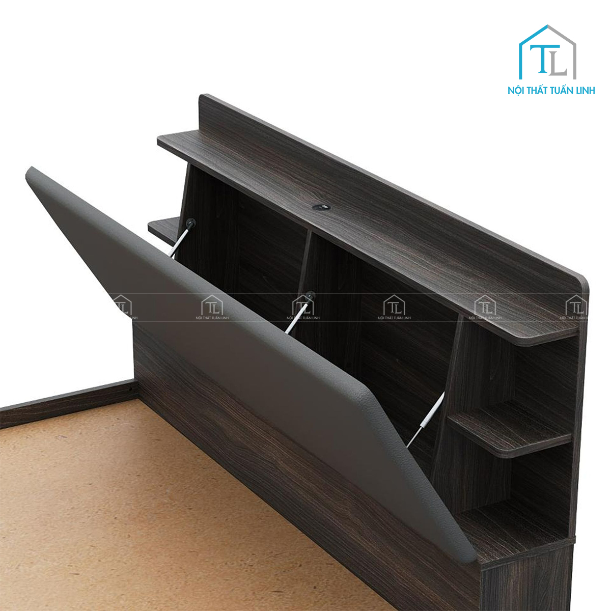 Giường ngủ gỗ công nghiệp có hộc chứa đầu giường bọc nệm hiện đại