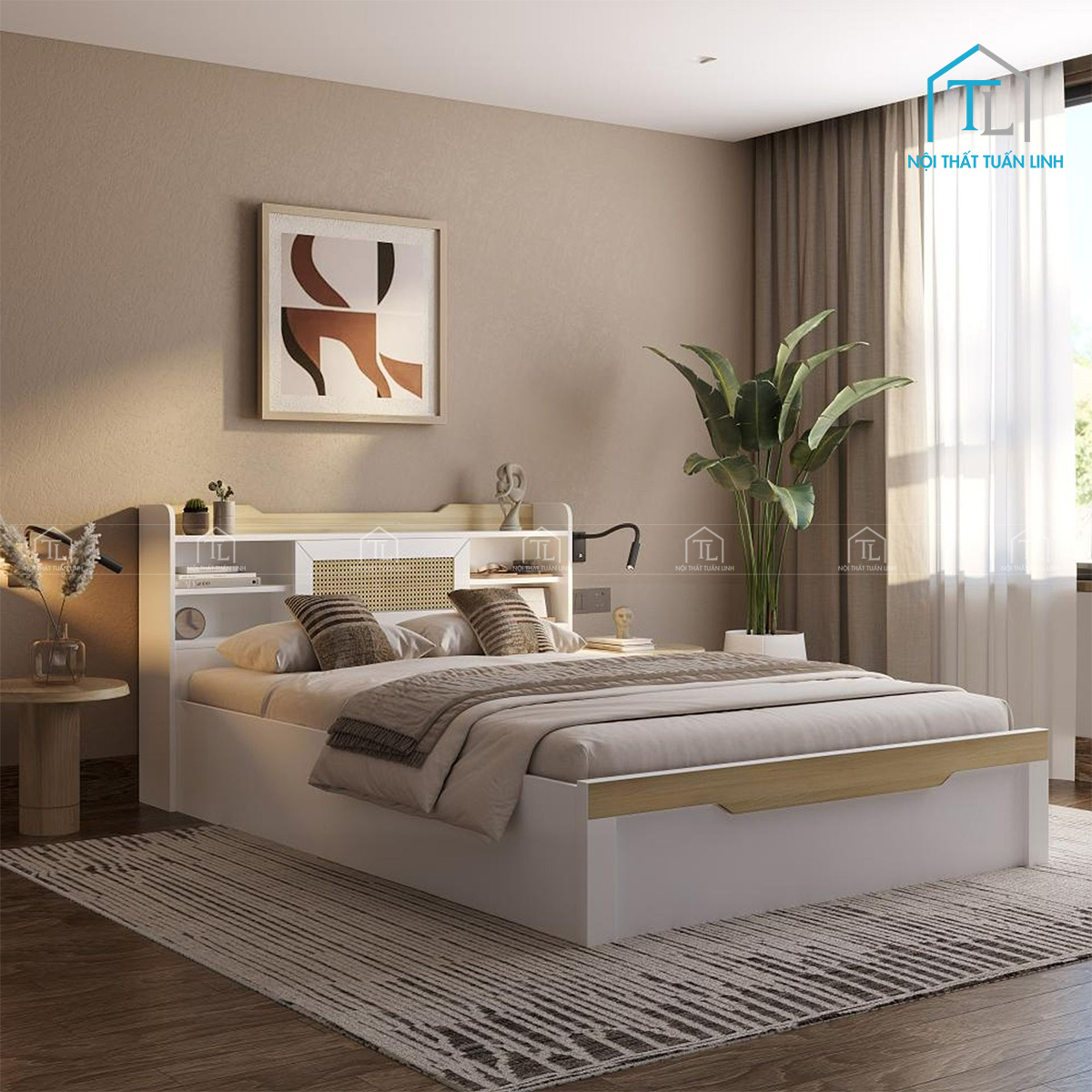 Giường ngủ gỗ công nghiệp có hộc chứa hiện đại, tiện nghi cho phòng ngủ