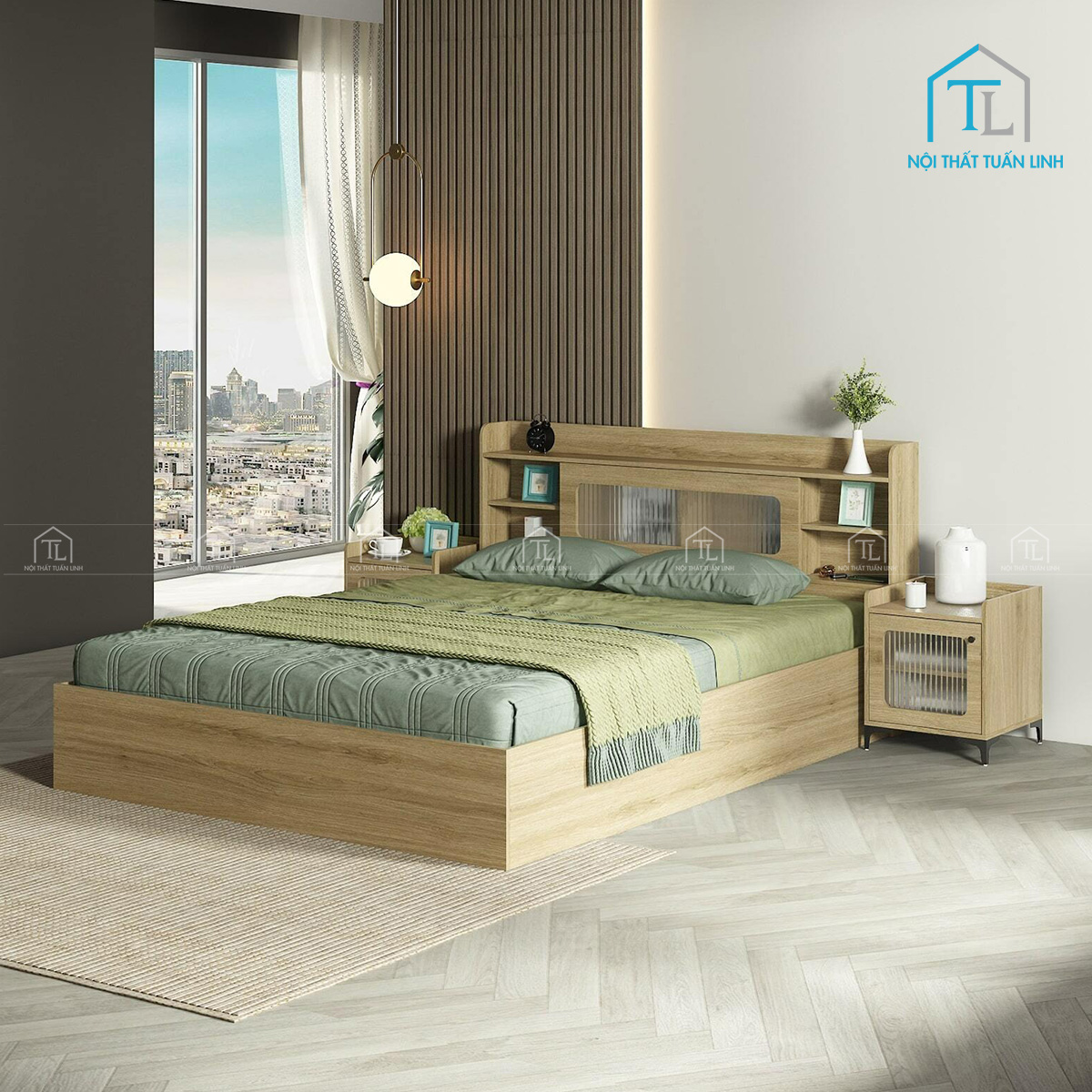 Giường ngủ gỗ công nghiệp có hộc chứa thiết kế hiện đại
