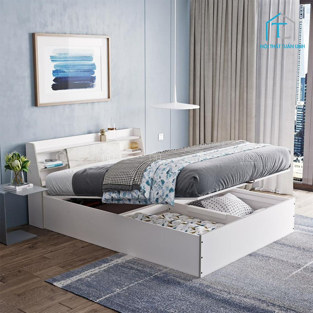 Giường ngủ gỗ công nghiệp có hộc chứa tiện nghi hiện đại màu trắng