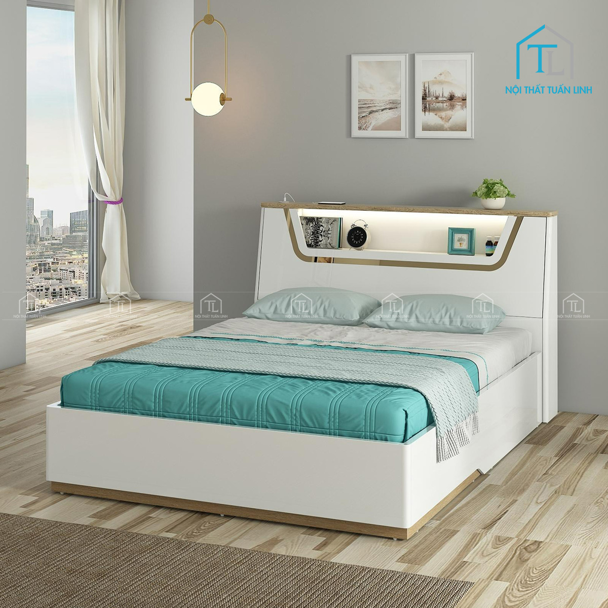 Giường ngủ gỗ công nghiệp có hộc chứa và đầu giường LED