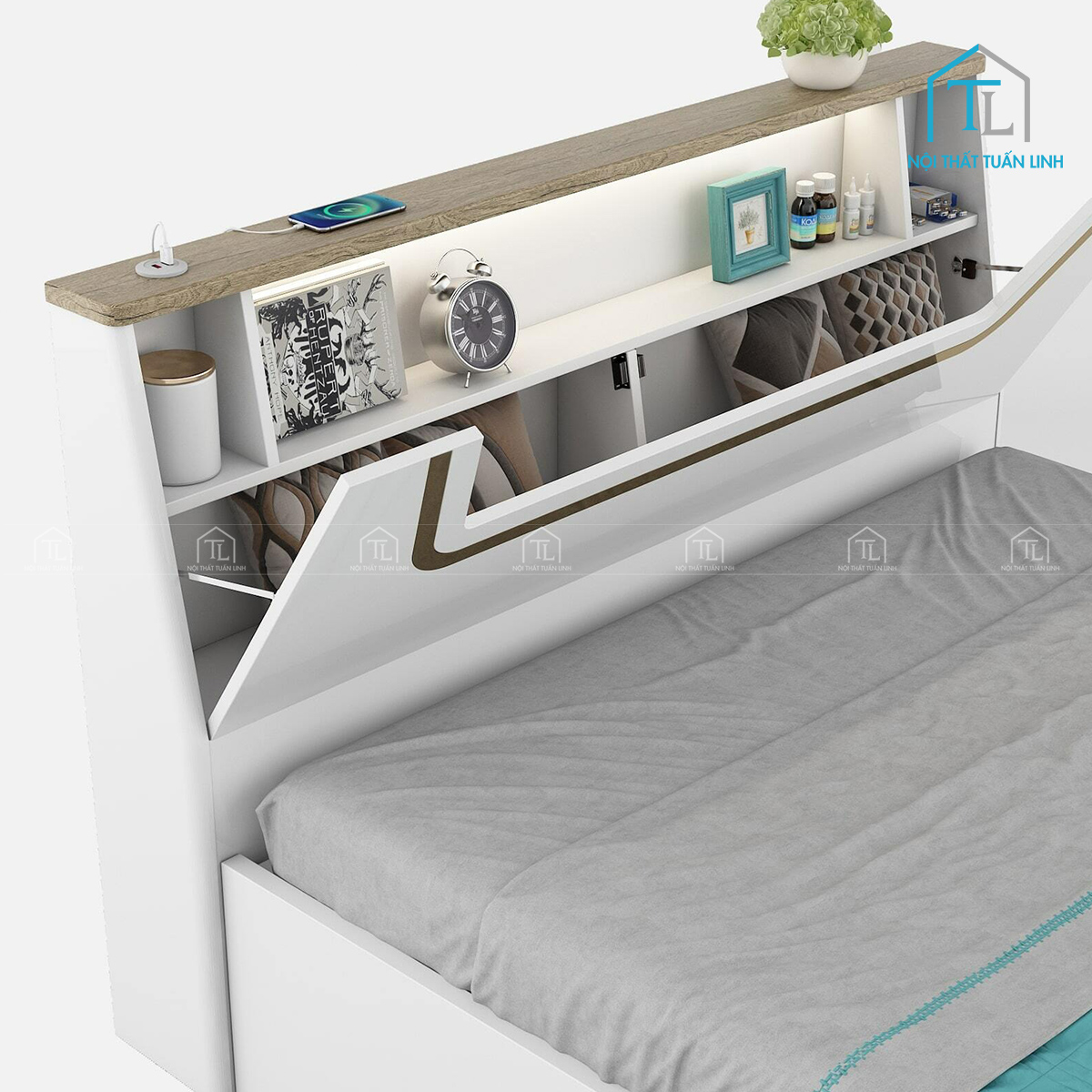Giường ngủ gỗ công nghiệp có hộc chứa và đầu giường LED