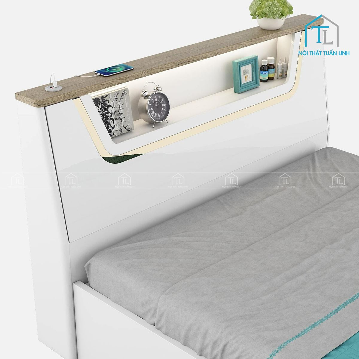 Giường ngủ gỗ công nghiệp có hộc chứa và đầu giường LED