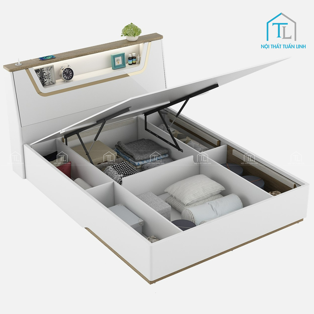 Giường ngủ gỗ công nghiệp có hộc chứa và đầu giường LED
